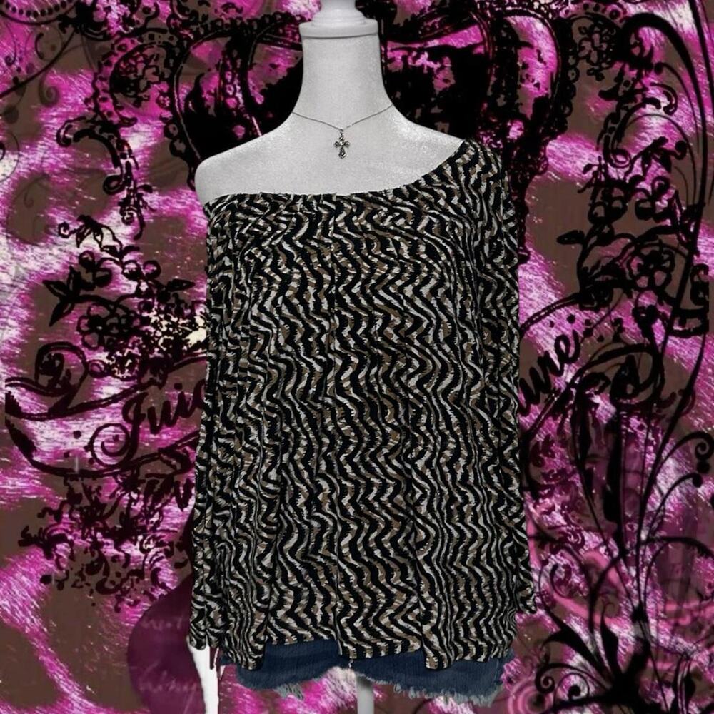 black white and muted brown taupe abstract wave stripes print top